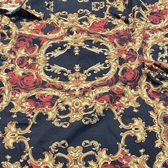 Baroque Gold Shirt Mens 4X Black Gold Crowns Chain Rose Filigree Button Up - Picture 9 of 9